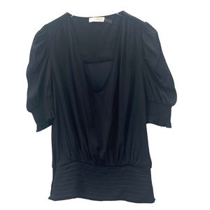 Ramy Brook Short Puff Sleeve Elastic Waist Long V Neck Blouse Black Size XS
